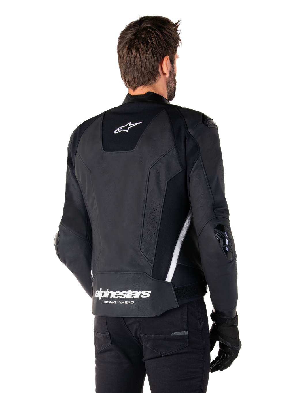 Alpinestars Missile V3 Lederjacke, Rückansicht, Schwarz und Weiß, mit Alpinestars Stern-Logo auf dem oberen Rücken und Wortmarke auf dem unteren Rücken, Schutz-Slider an Ellbogen und Schultern, Premium-Leder-Rennausrüstung