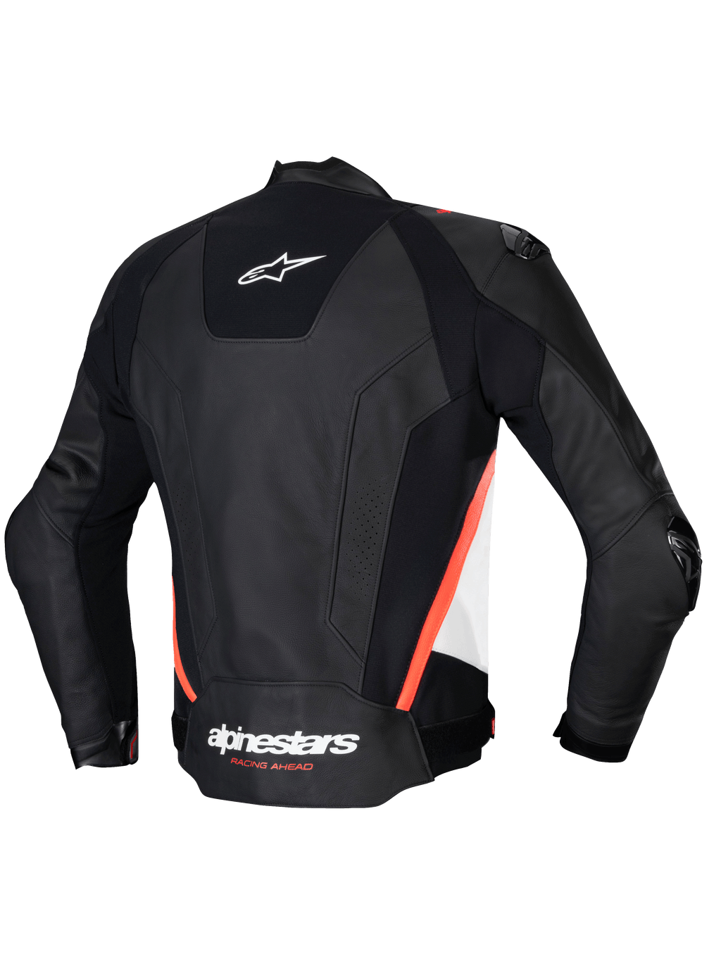 Alpinestars Missile V3 Lederjacke, Herren-Rennsport- und Sport-Motorradjacke, Rückansicht, Schwarz, Weiß und Rot Fluo, Premium-Rindsleder mit CE-Zertifizierung