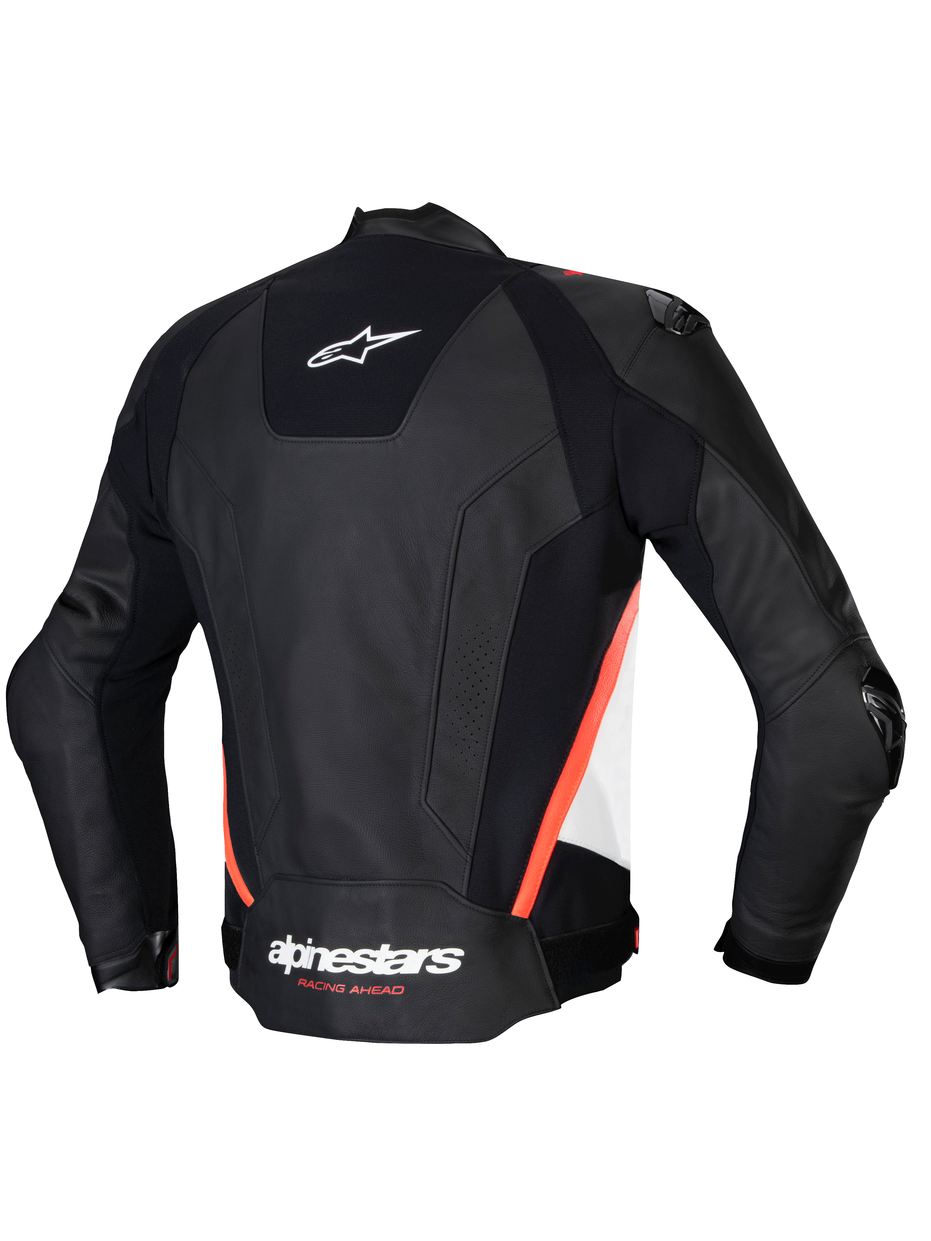 Alpinestars Missile V3 Lederjacke, Herren-Rennsport- und Sport-Motorradjacke, Rückansicht, Schwarz, Weiß und Rot Fluo, Premium-Rindsleder mit CE-Zertifizierung