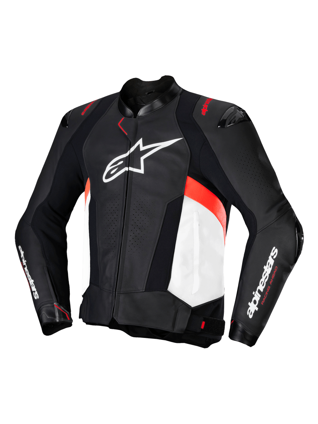 Alpinestars Missile V3 Lederjacke, Motorrad-Rennlederjacke für Herren, Schwarz, Weiß und Rot Fluo, CE-zertifiziert