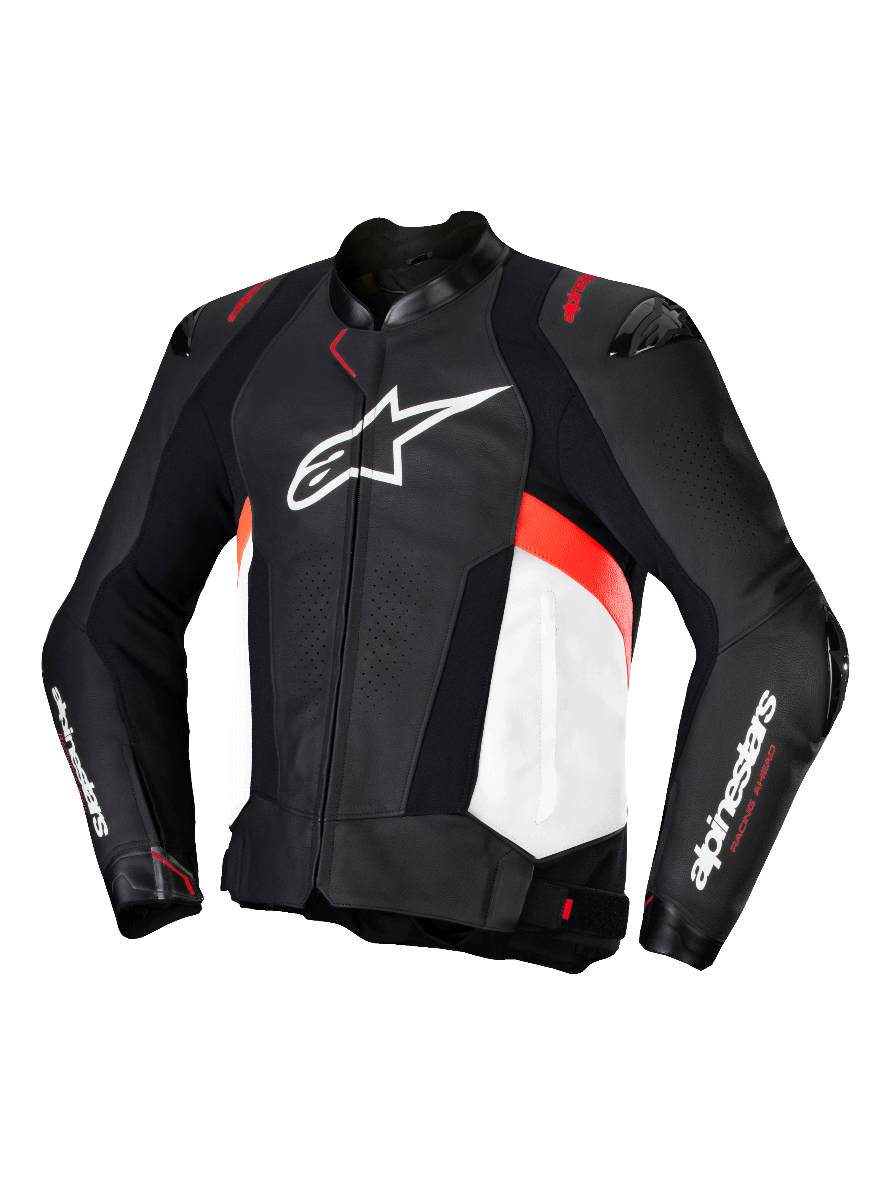 Alpinestars Missile V3 Lederjacke, Motorrad-Rennlederjacke für Herren, Schwarz, Weiß und Rot Fluo, CE-zertifiziert