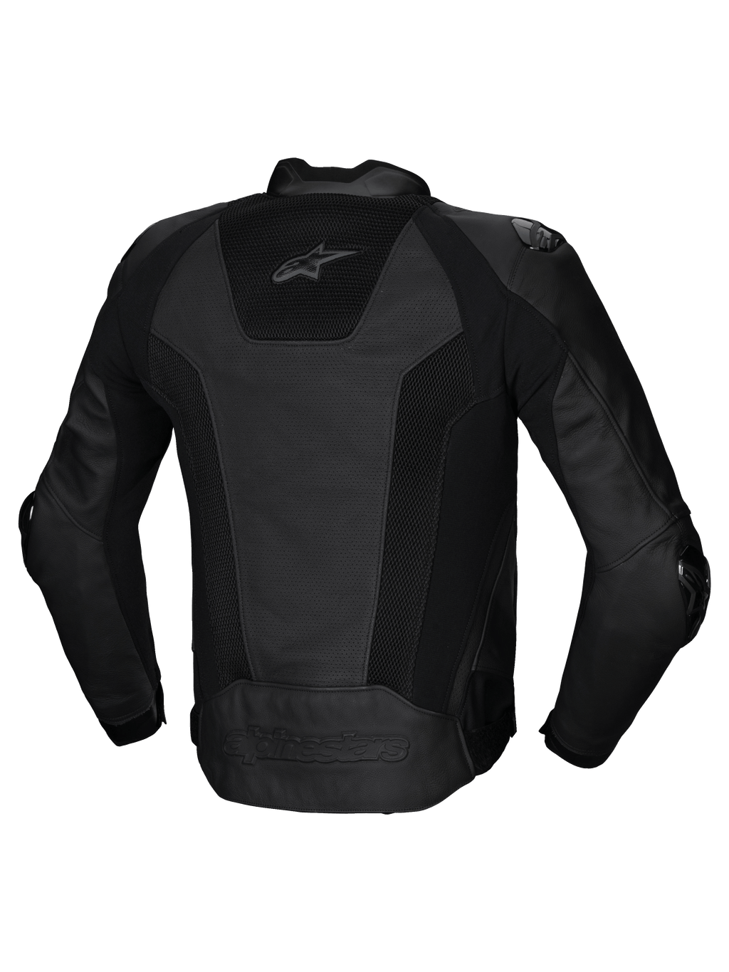 Alpinestars Missile V3 Airflow Leather Jacket, back view of men's racing motorcycle jacket in black with perforated leather panels and stretch inserts, CE certified AA class