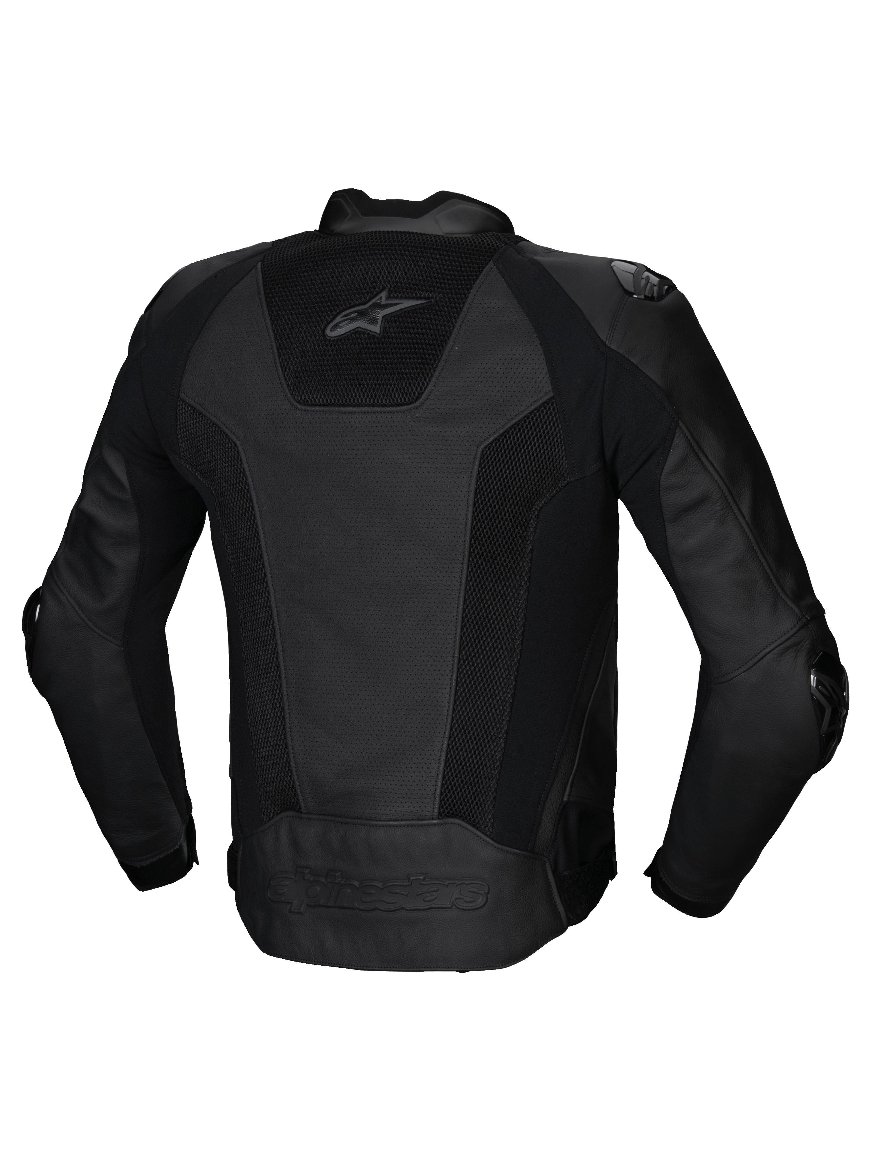 Alpinestars Missile V3 Airflow Leather Jacket, back view of men's racing motorcycle jacket in black with perforated leather panels and stretch inserts, CE certified AA class