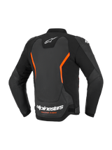 Alpinestars GP Force V2 Lederjacke, Motorrad-Lederjacke, Schwarz und Fluo-Rot, Rückansicht mit weißen Alpinestars-Logos und orangefarbenem „Racing Ahead“-Schriftzug, fluo-rote eckige Akzente, mehrteilige Konstruktion mit vorgekrümmten Ärmeln