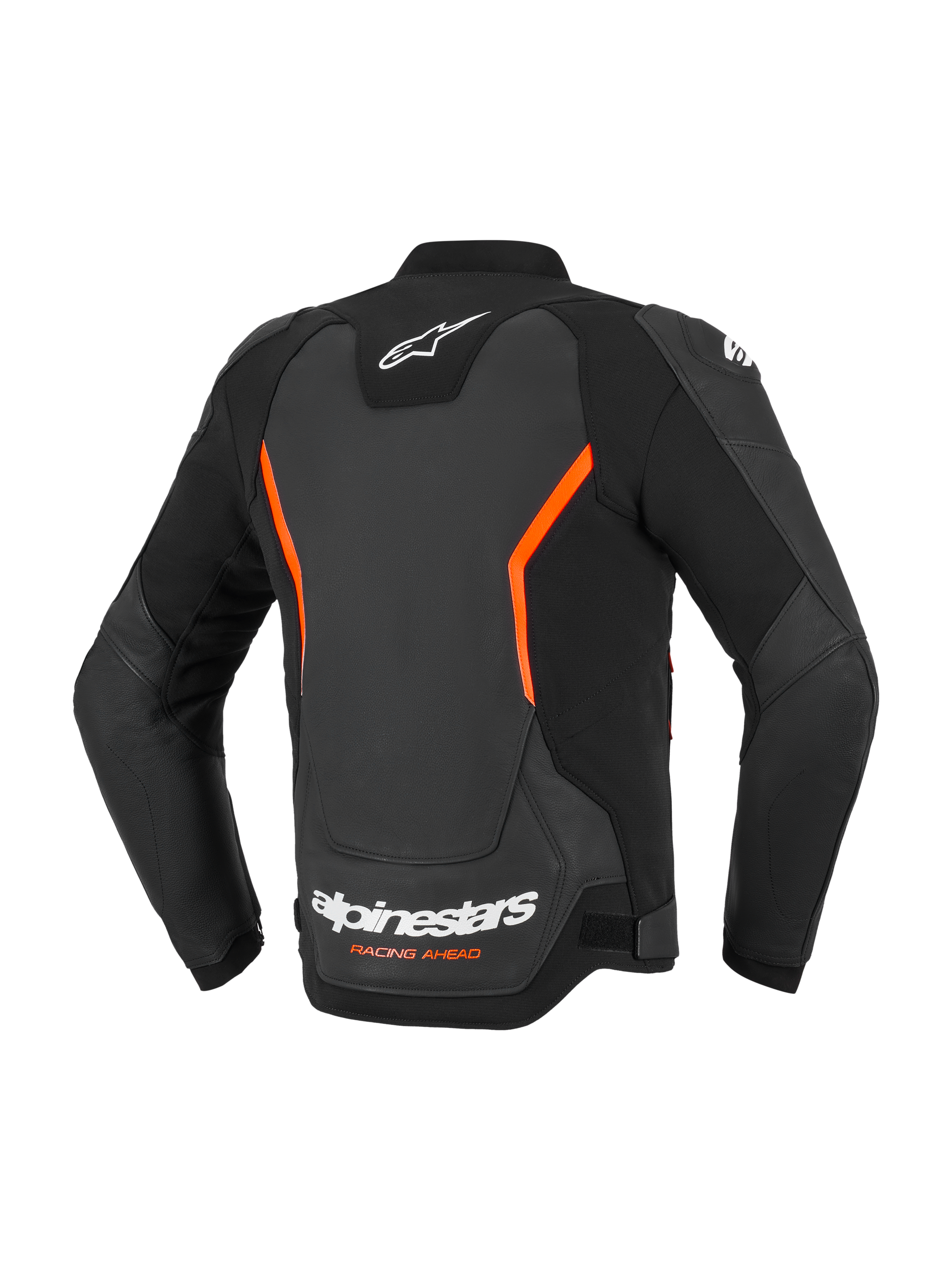 Alpinestars GP Force V2 Lederjacke, Motorrad-Lederjacke, Schwarz und Fluo-Rot, Rückansicht mit weißen Alpinestars-Logos und orangefarbenem „Racing Ahead“-Schriftzug, fluo-rote eckige Akzente, mehrteilige Konstruktion mit vorgekrümmten Ärmeln