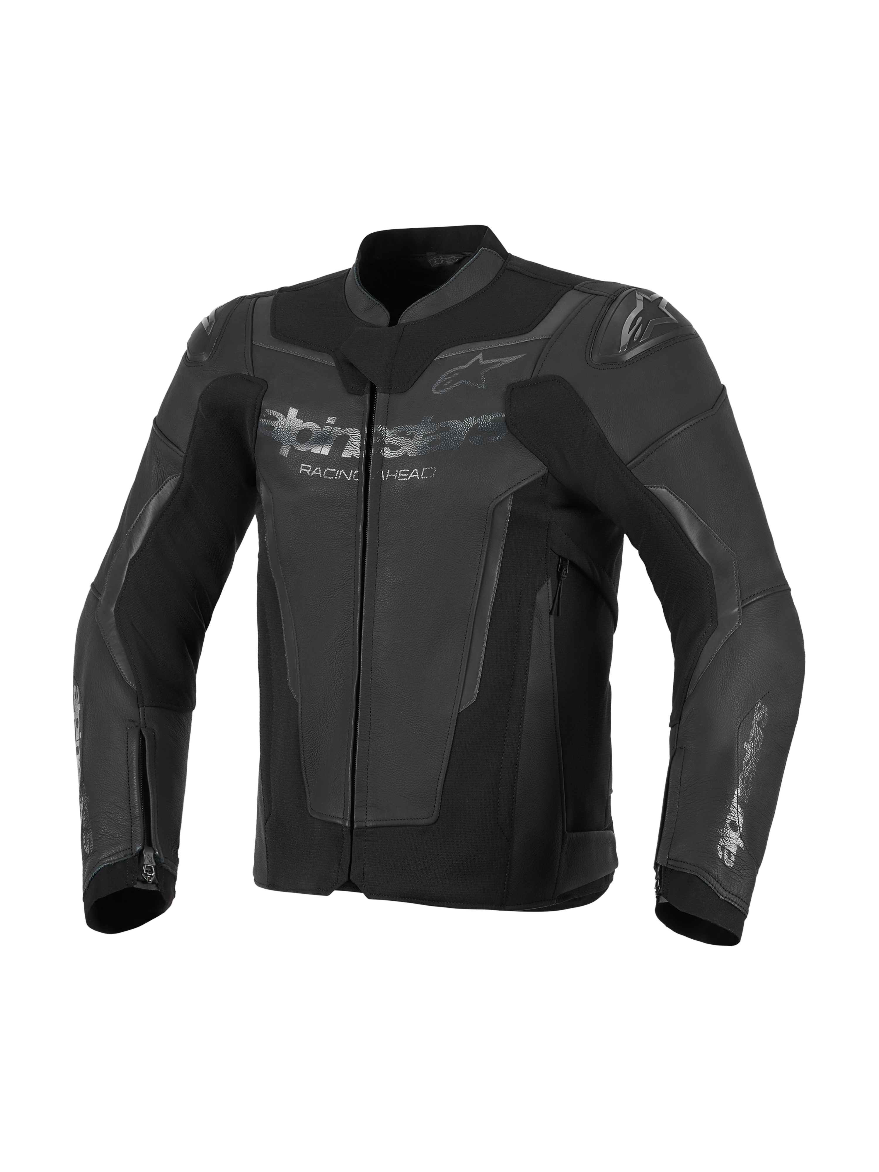 Alpinestars GP Force V2 Leather Jacket, Black, premium bovine leather construction with high-stretch panels, featuring integrated GP Lite Evo DFS shoulder protectors and Alpinestars logos on the chest and sleeves, sport motorcycle riding gear