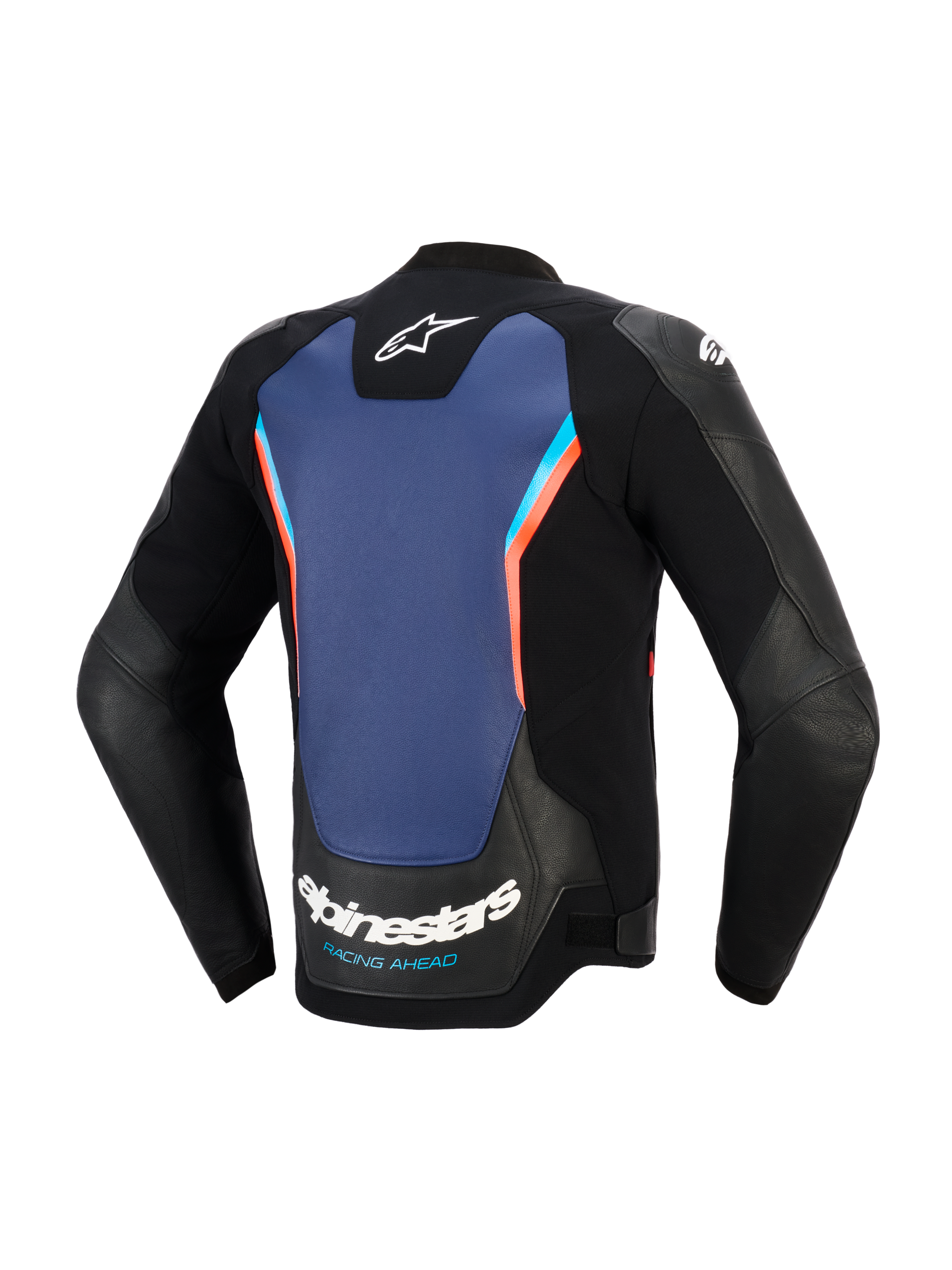 Alpinestars GP Force V2 Lederjacke, Rückansicht, schwarzes Leder mit großem blauem Mittelpanel und neonroten Akzenten, Alpinestars-Logo und 'RACING AHEAD'-Branding am unteren Rücken, sportliche Motorradbekleidung