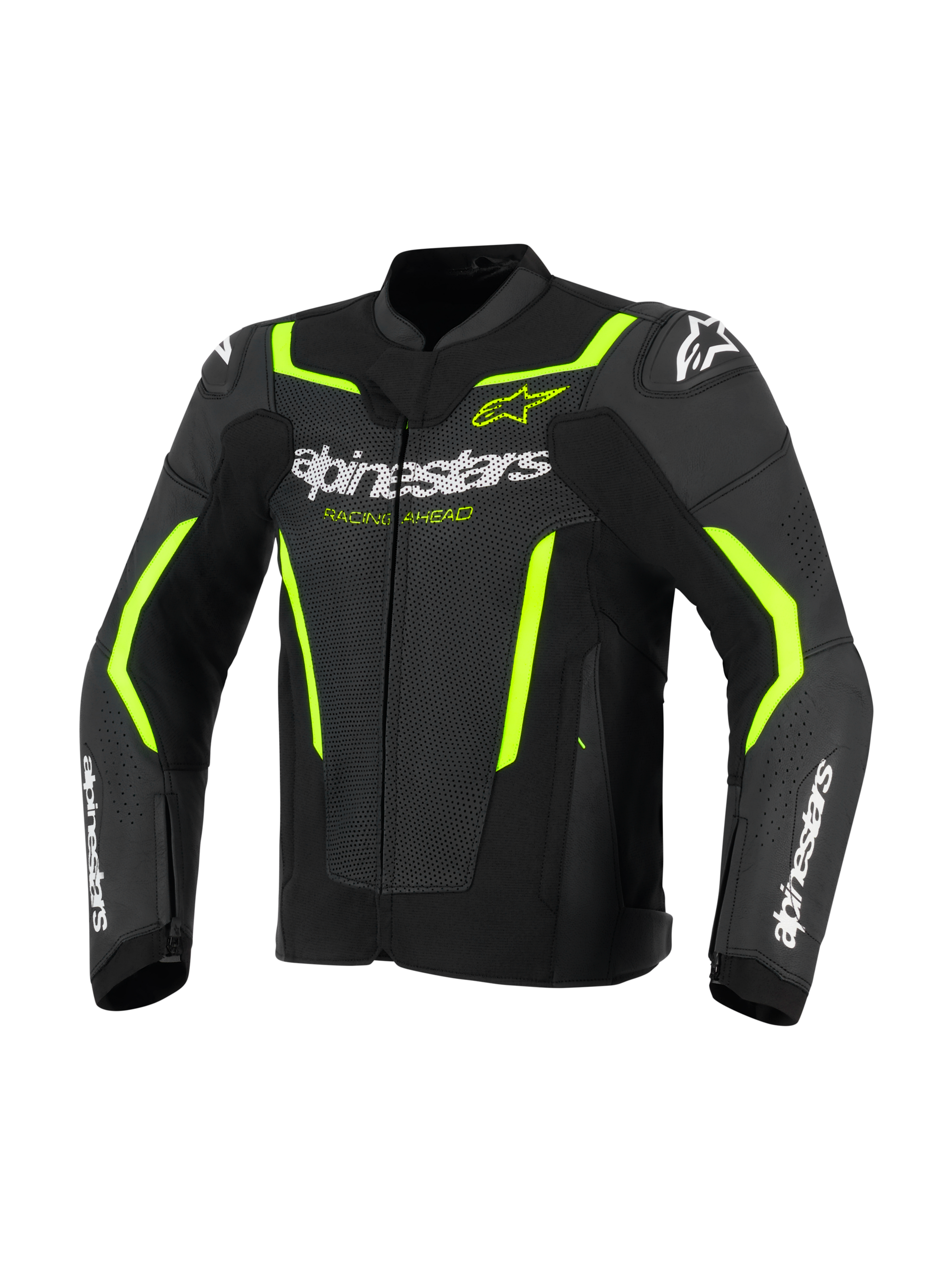 Alpinestars GP Force V2 Air Leather Jacket, Leather Motorcycle Jacket, Black and Yellow Fluo, featuring perforated leather panels for airflow, bold white Alpinestars branding on the chest and forearms, and fluorescent yellow accents on the shoulders and sleeves for a sport-oriented look.