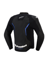 Alpinestars GP Force V2 Airflow Lederjacke, Rückansicht, Schwarz und Metallic-Blau, großes perforiertes Leder-Rückenteil zur Belüftung, weißer Alpinestars-Schriftzug und „RACING AHEAD“-Slogan am unteren Saum, professionelle Sport-Motorradausrüstung