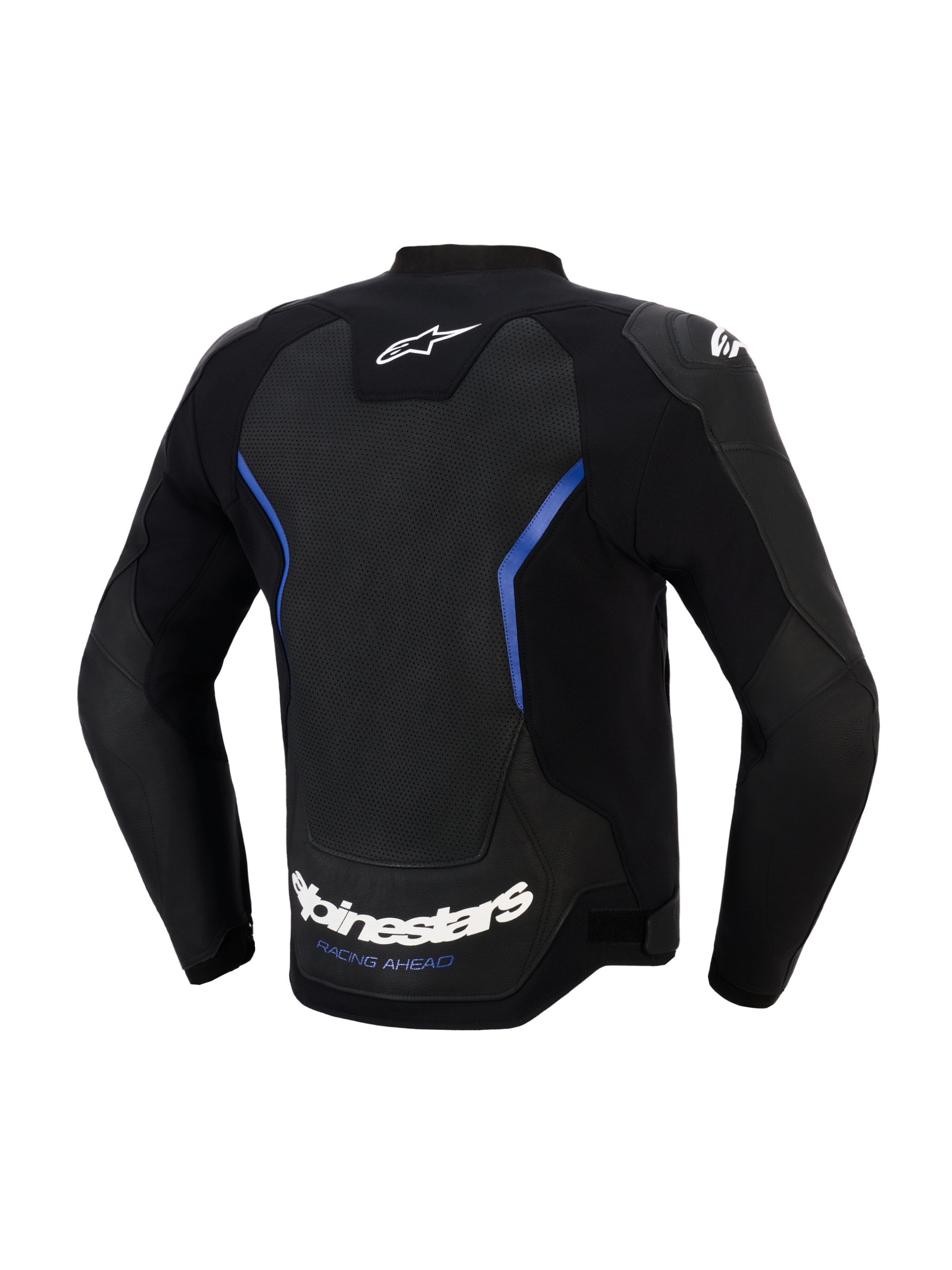 Alpinestars GP Force V2 Airflow Lederjacke, Rückansicht, Schwarz und Metallic-Blau, großes perforiertes Leder-Rückenteil zur Belüftung, weißer Alpinestars-Schriftzug und „RACING AHEAD“-Slogan am unteren Saum, professionelle Sport-Motorradausrüstung