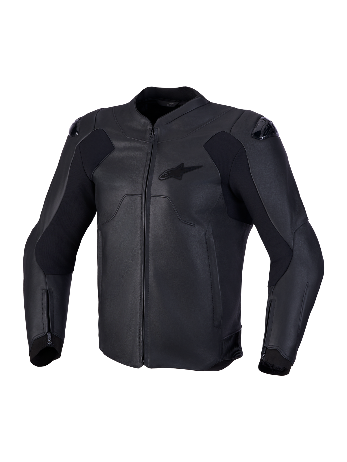 Alpinestars Caliber V2 Leather Jacket, Black men's motorcycle sport jacket with CE AA rating, full-grain bovine leather construction, and DFS shoulder armor