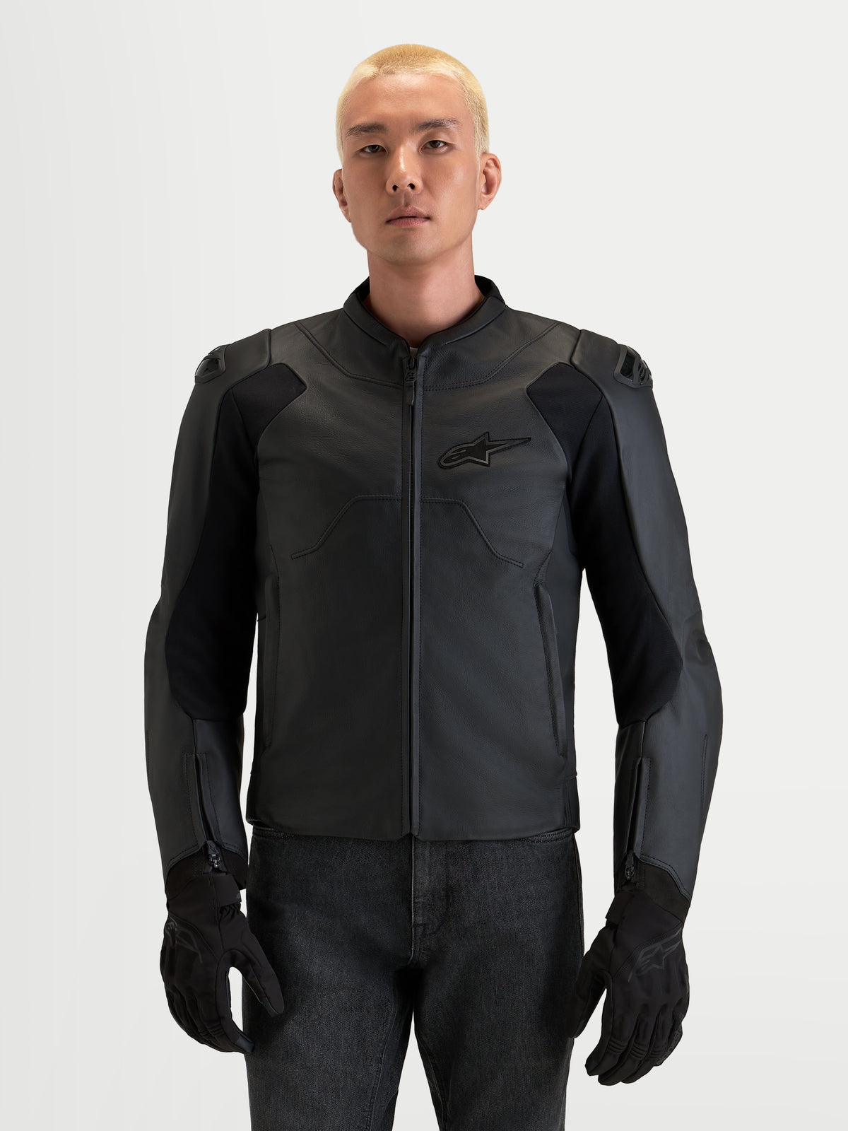 Alpinestars Caliber V2 Leather Jacket, Men's Black Motorcycle Leather Jacket, featuring DFS shoulders and full-grain bovine leather construction worn by a model