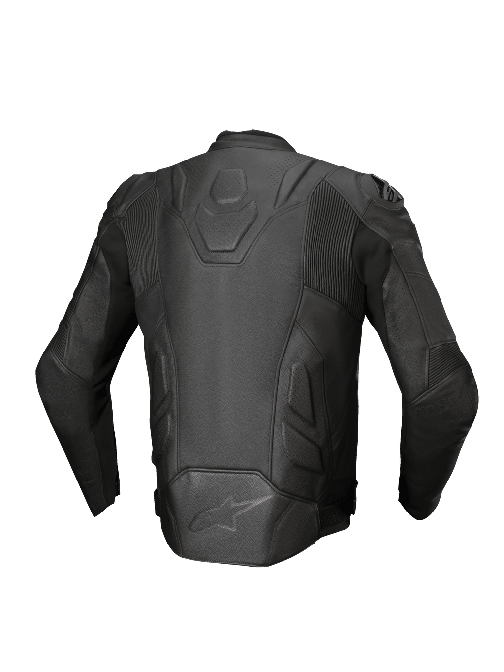 Alpinestars Dusk Lederjacke, Motorradjacke für Herren, Rückansicht, Schwarz, Premium-Leder mit Stretch-Akkordeon-Einsätzen.