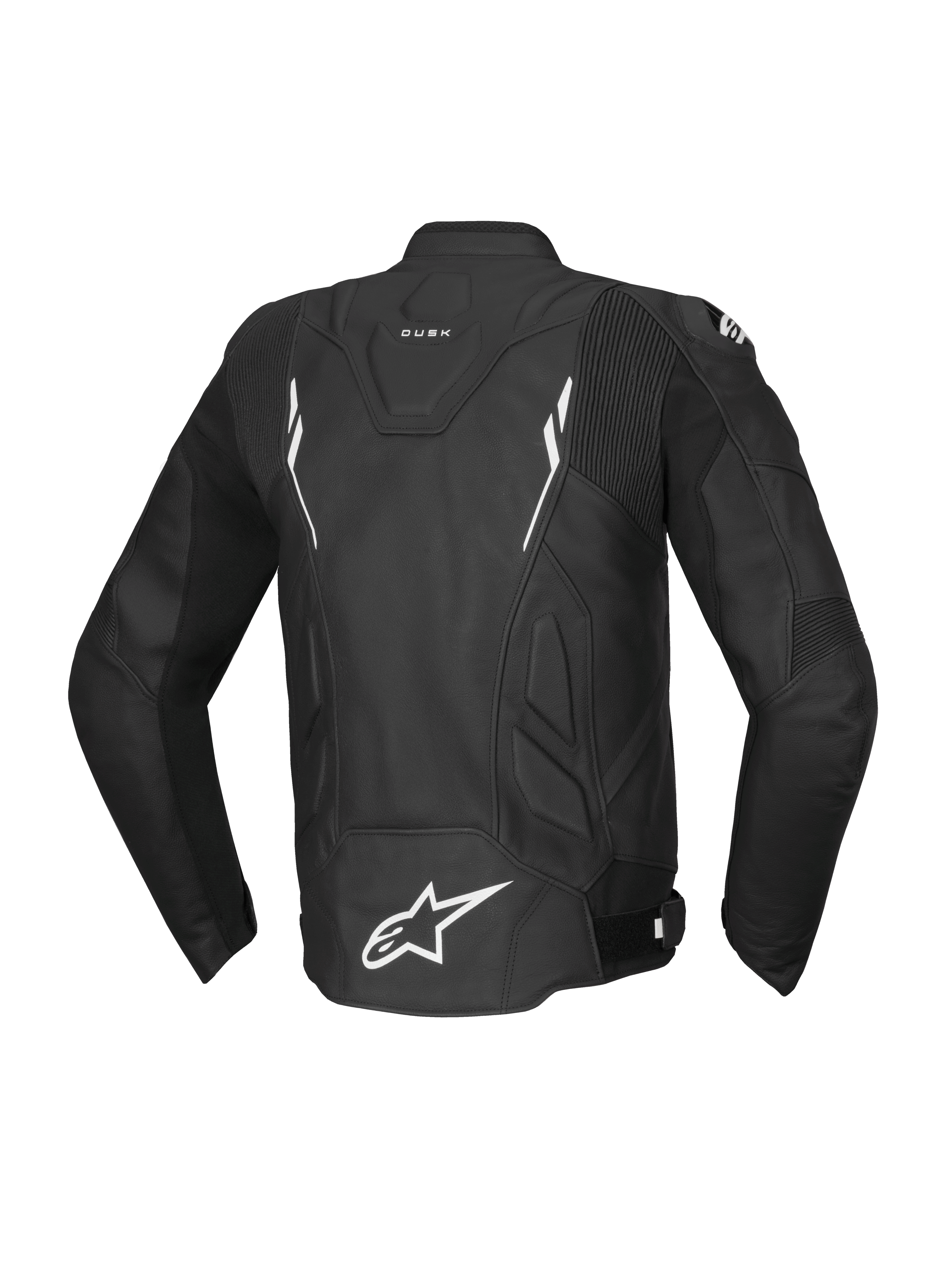 Alpinestars Dusk Lederjacke, Motorradjacke für Herren, Rückansicht, Schwarz und Weiß, Rindsleder, Tech-Air Ready.
