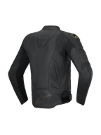 Alpinestars Dusk Lederjacke, schwarze Herren-Motorradjacke aus Rindsleder mit Stretch-Akkordeon-Einsätzen, Rückansicht.