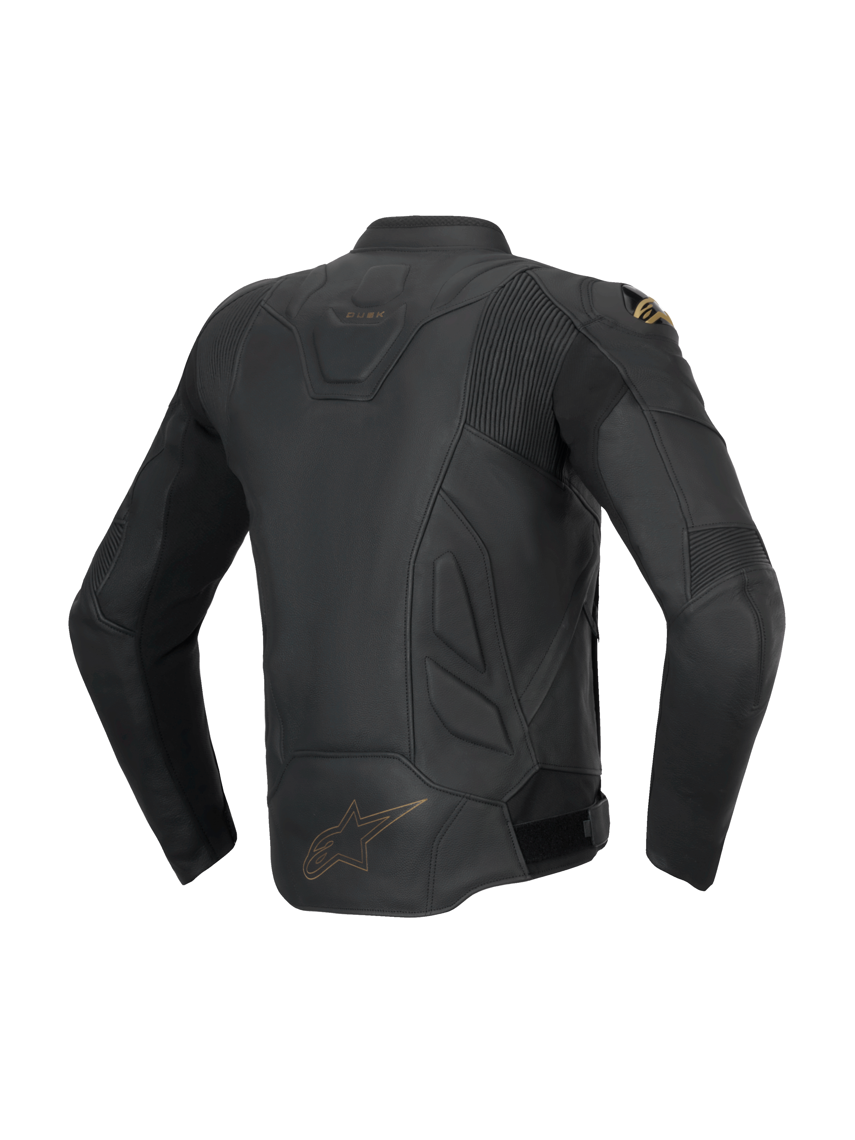 Alpinestars Dusk Lederjacke, schwarze Herren-Motorradjacke aus Rindsleder mit Stretch-Akkordeon-Einsätzen, Rückansicht.