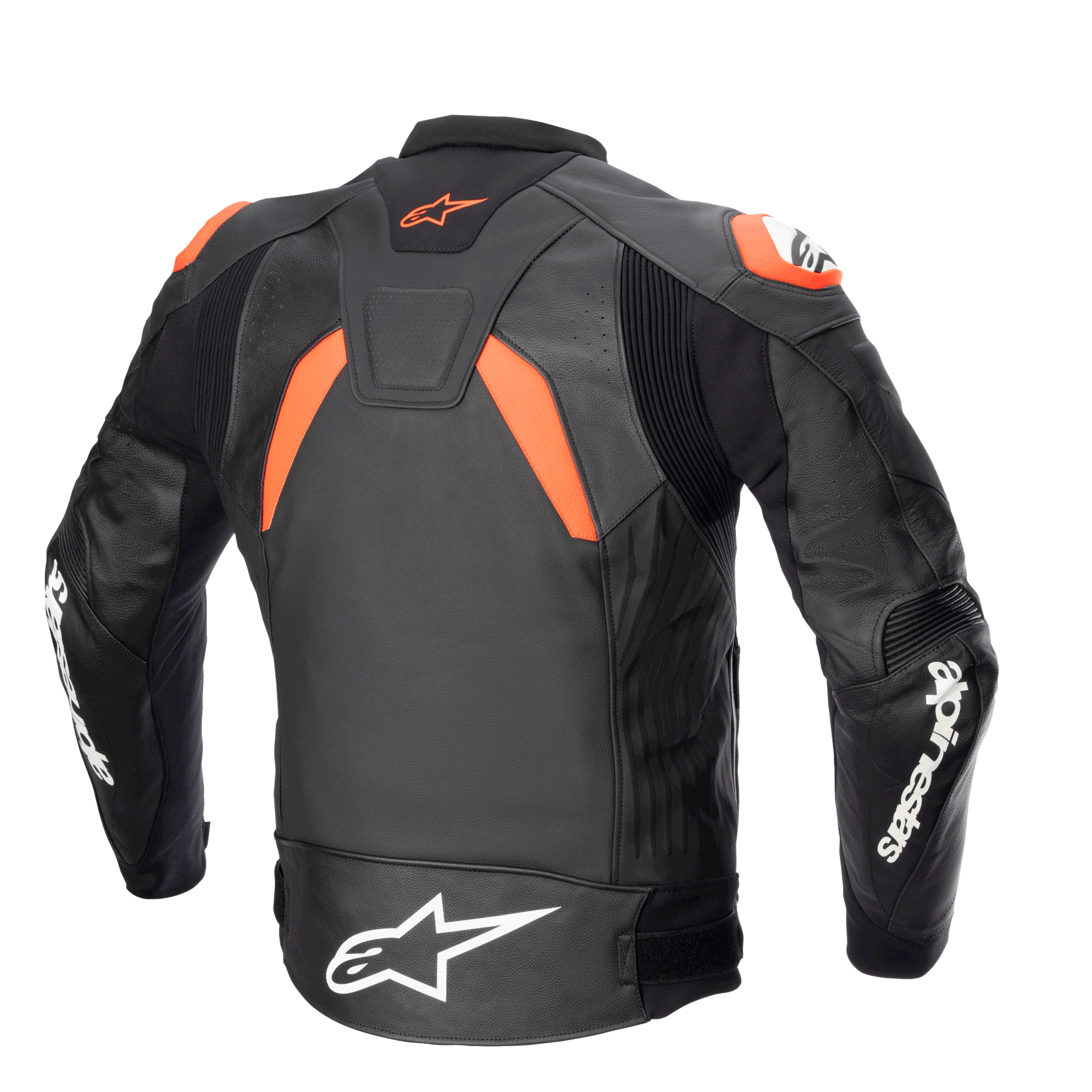 Alpinestars GP Plus V4 Lederjacke, Schwarz, Neonrot und Weiß, Rückansicht mit Performance-Stretcheinsätzen und Schultergleitern, markante weiße Alpinestars-Logos auf den Ärmeln und am Bund, vom Rennsport inspirierte sportliche Silhouette