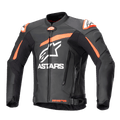 Alpinestars GP Plus V4 Lederjacke, Motorrad-Rennjacke, Schwarz mit Rot Fluo und weißen Akzenten, großes weißes ASTARS-Branding auf der Brust, externe Schulterschleifer, strukturiertes Lederdesign für High-Performance-Fahrten