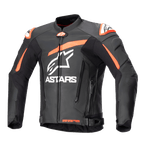Alpinestars GP Plus V4 Lederjacke, Motorrad-Rennjacke, Schwarz mit Rot Fluo und weißen Akzenten, großes weißes ASTARS-Branding auf der Brust, externe Schulterschleifer, strukturiertes Lederdesign für High-Performance-Fahrten