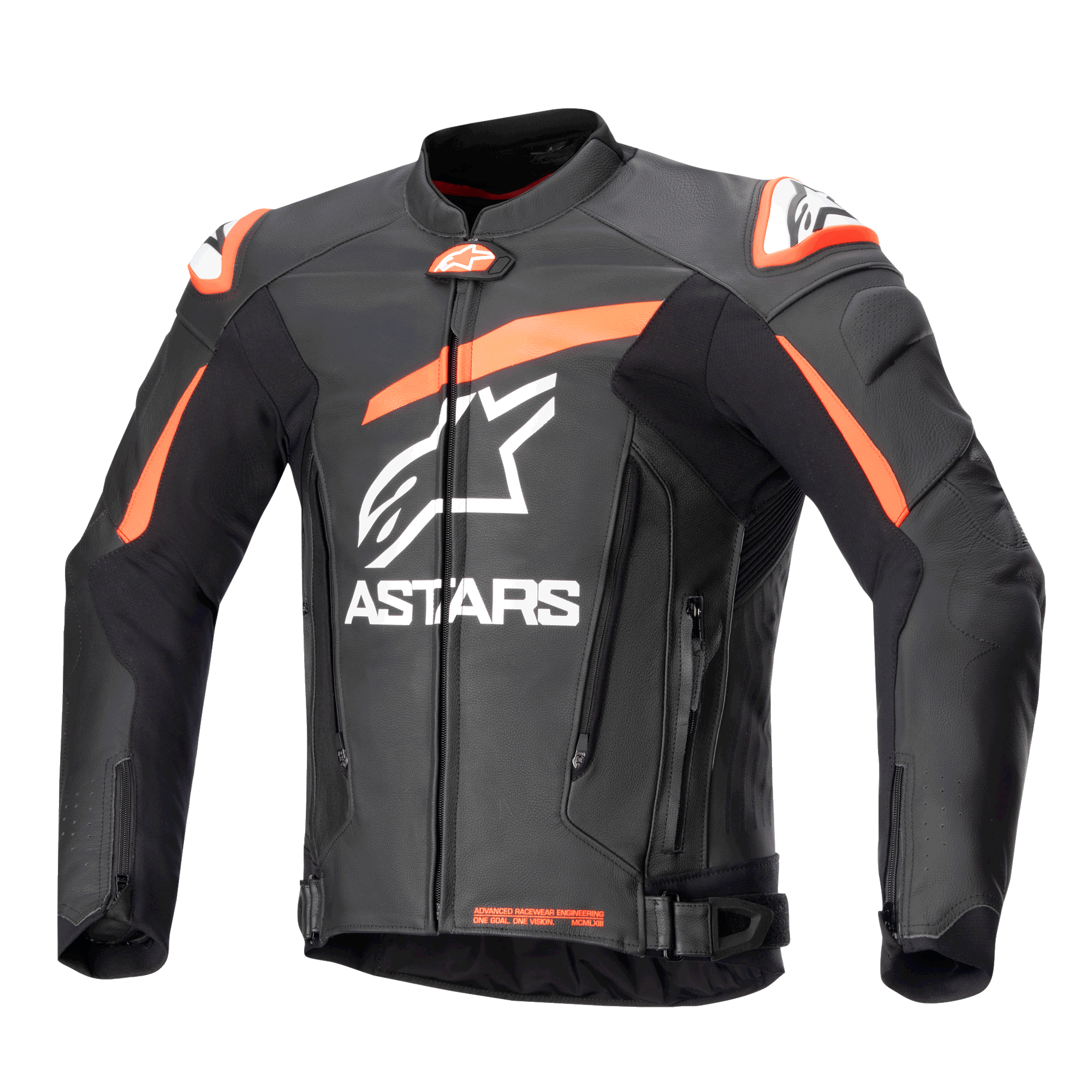 Alpinestars GP Plus V4 Lederjacke, Motorrad-Rennjacke, Schwarz mit Rot Fluo und weißen Akzenten, großes weißes ASTARS-Branding auf der Brust, externe Schulterschleifer, strukturiertes Lederdesign für High-Performance-Fahrten