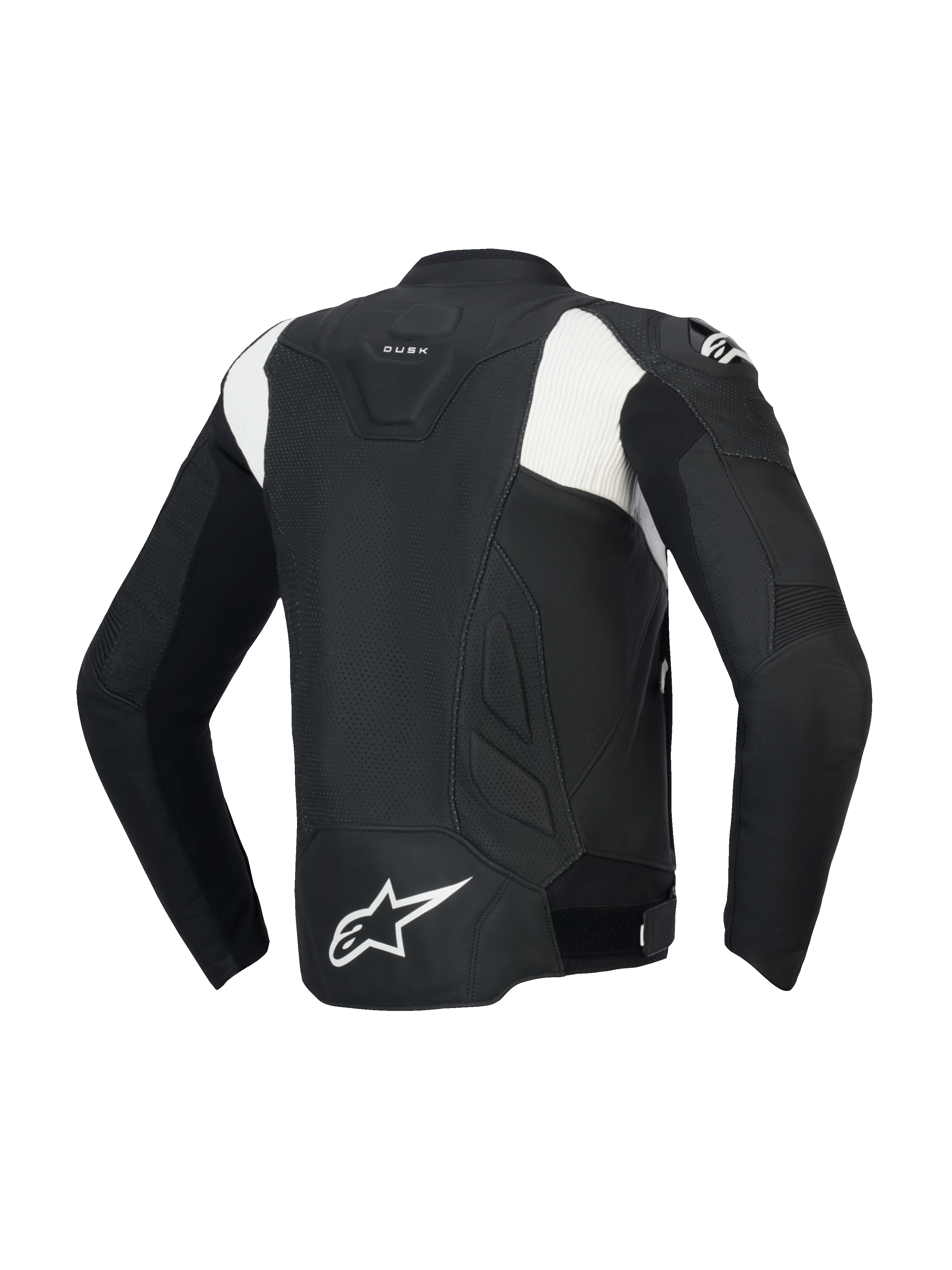 Alpinestars Dusk Airflow Lederjacke, perforierte Sport-Motorradjacke, Rückansicht, Schwarz und Weiß, Rindsleder-Konstruktion mit CE-Zertifizierung und Tech-Air ready