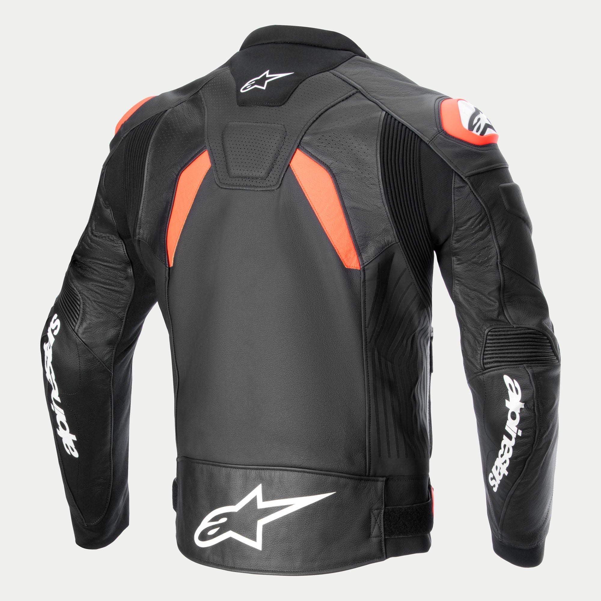 Alpinestars GP Plus R V4 Airflow Lederjacke, Herren-Motorradrennjacke, Rückansicht in Schwarz mit roten und weißen Akzenten, mit Rennsport-Leder und perforierten Einsätzen