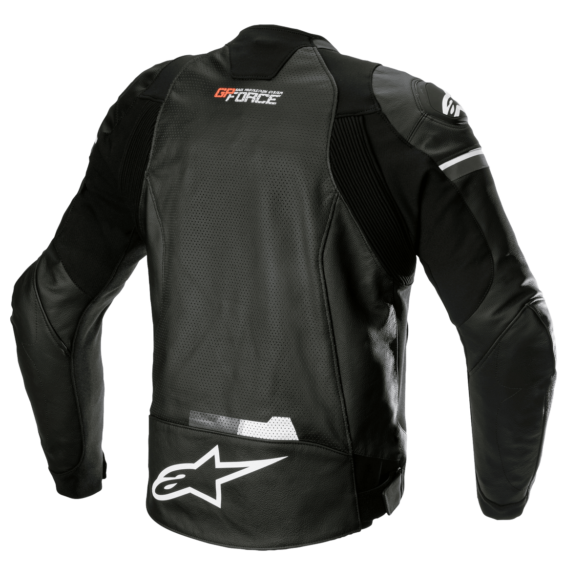 Alpinestars GP Force Airflow Leather Jacket, Black, back view featuring perforated buffalo leather for ventilation, GP Force branding on the neck, large white Alpinestars star logo on the lower back, and integrated stretch panels for a sport riding fit