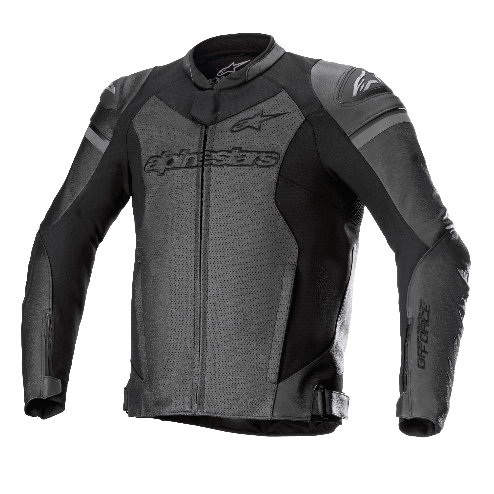 Alpinestars GP Force Airflow Leather Jacket, Motorcycle Racing Jacket, Black and Dark Gray, Perforated Panels for Ventilation, external DFS Lite shoulder sliders, bold branding on chest and sleeves, premium leather construction with adjustable waist straps