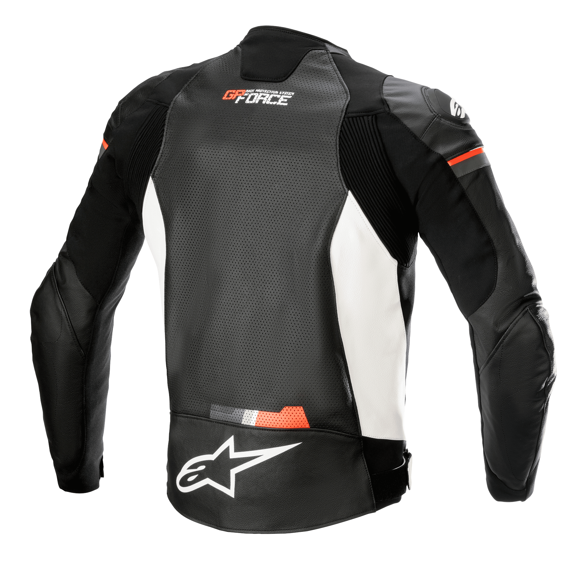Alpinestars GP Force Airflow Lederjacke, Rückansicht, Schwarz, Weiß und Neonrot, perforiertes Leder-Rückenteil zur Belüftung, Akkordeon-Stretcheinsätze an den Schultern und Seiten, weißes Alpinestars-Logo am unteren Rücken, GP Force-Branding am oberen Rücken, Sport-Motorradbekleidung