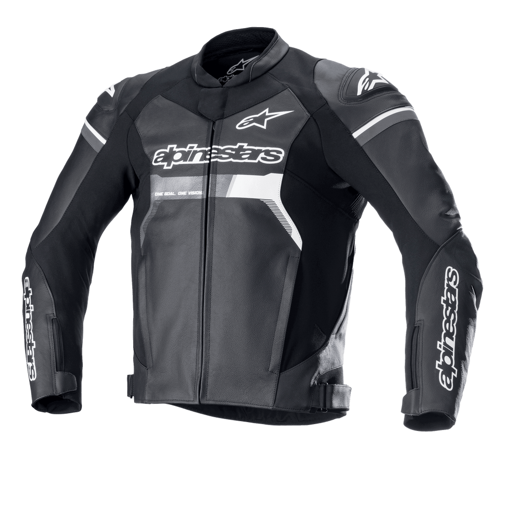 Alpinestars GP Force Leather Jacket, Black with white and grey accents, Motorcycle Racing Jacket, Premium bovine leather construction, bold Alpinestars branding on chest and sleeves, DFS Lite shoulder sliders, ergonomic sport fit for road riding.