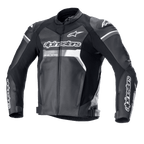 Alpinestars GP Force Leather Jacket, Black with white and grey accents, Motorcycle Racing Jacket, Premium bovine leather construction, bold Alpinestars branding on chest and sleeves, DFS Lite shoulder sliders, ergonomic sport fit for road riding.