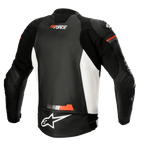 Alpinestars GP Force Leather Jacket, Motorcycle Leather Jacket, Black White and Red Fluo, rear view featuring white side panels and fluorescent red accents, GP Force and Alpinestars logo branding, sporty leather design with accordion stretch panels