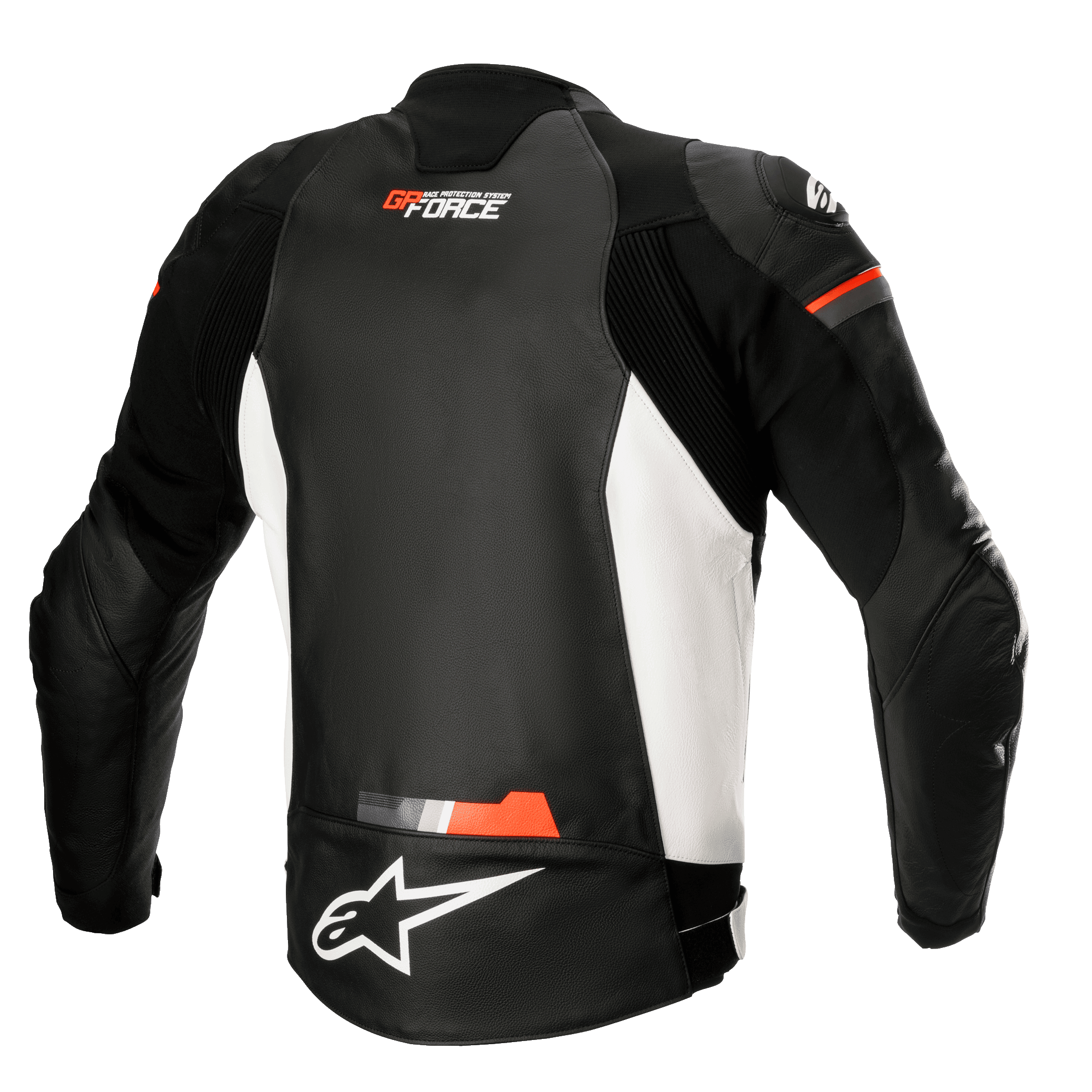 Alpinestars GP Force Leather Jacket, Motorcycle Leather Jacket, Black White and Red Fluo, rear view featuring white side panels and fluorescent red accents, GP Force and Alpinestars logo branding, sporty leather design with accordion stretch panels