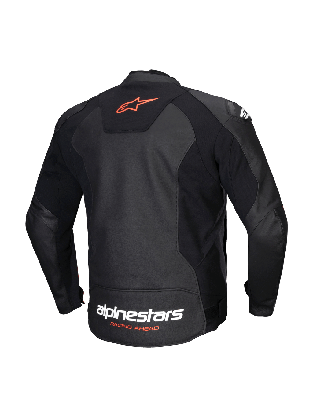 Alpinestars Faster V3 Lederjacke, Herren-Sportmotorradjacke, Rückansicht in Schwarz und Rot Fluo, aus hochwertigem Leder und mit HRSF-Stretcheinsätzen, CE-zertifiziert Klasse AA