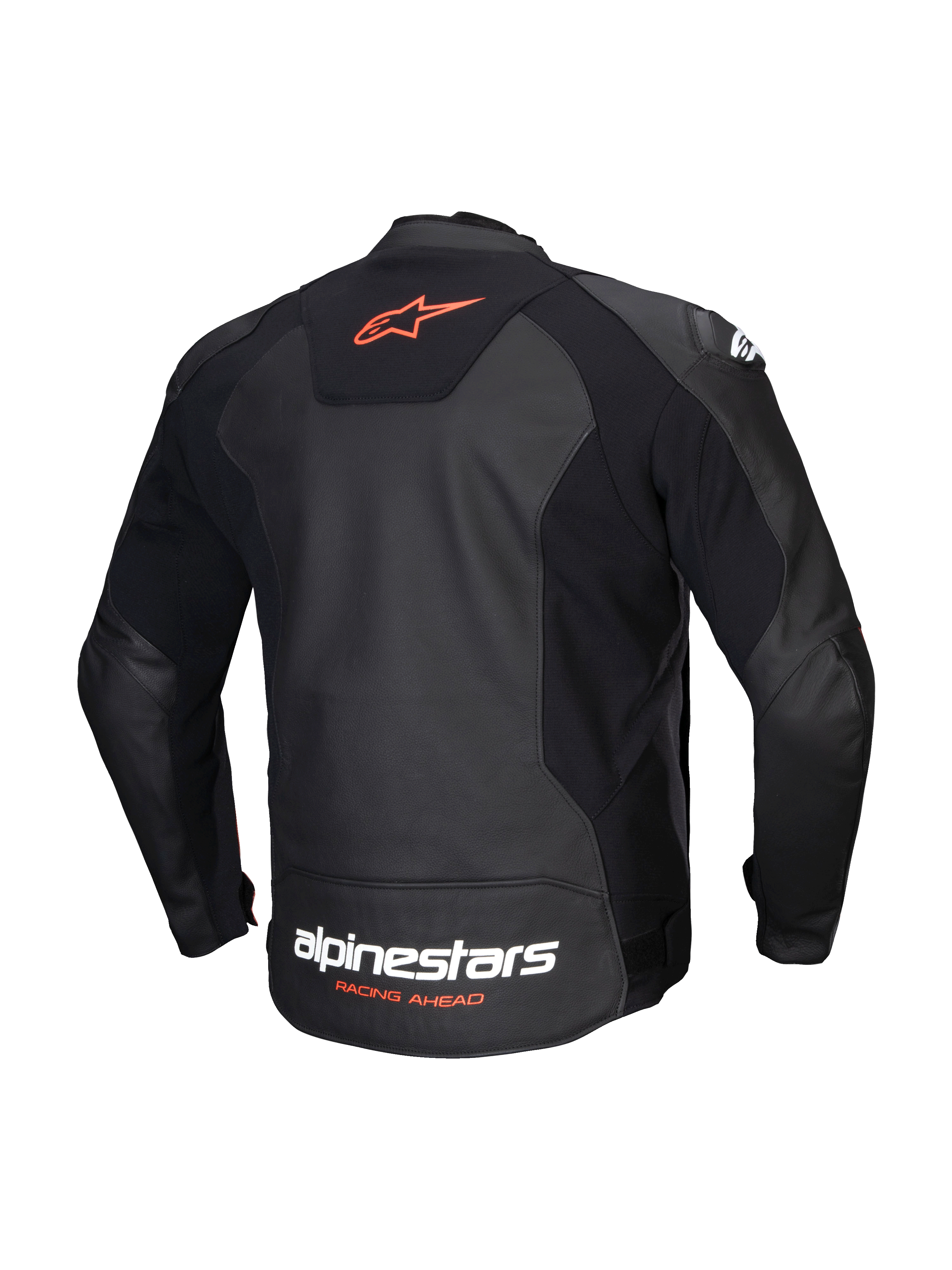 Alpinestars Faster V3 Lederjacke, Herren-Sportmotorradjacke, Rückansicht in Schwarz und Rot Fluo, aus hochwertigem Leder und mit HRSF-Stretcheinsätzen, CE-zertifiziert Klasse AA
