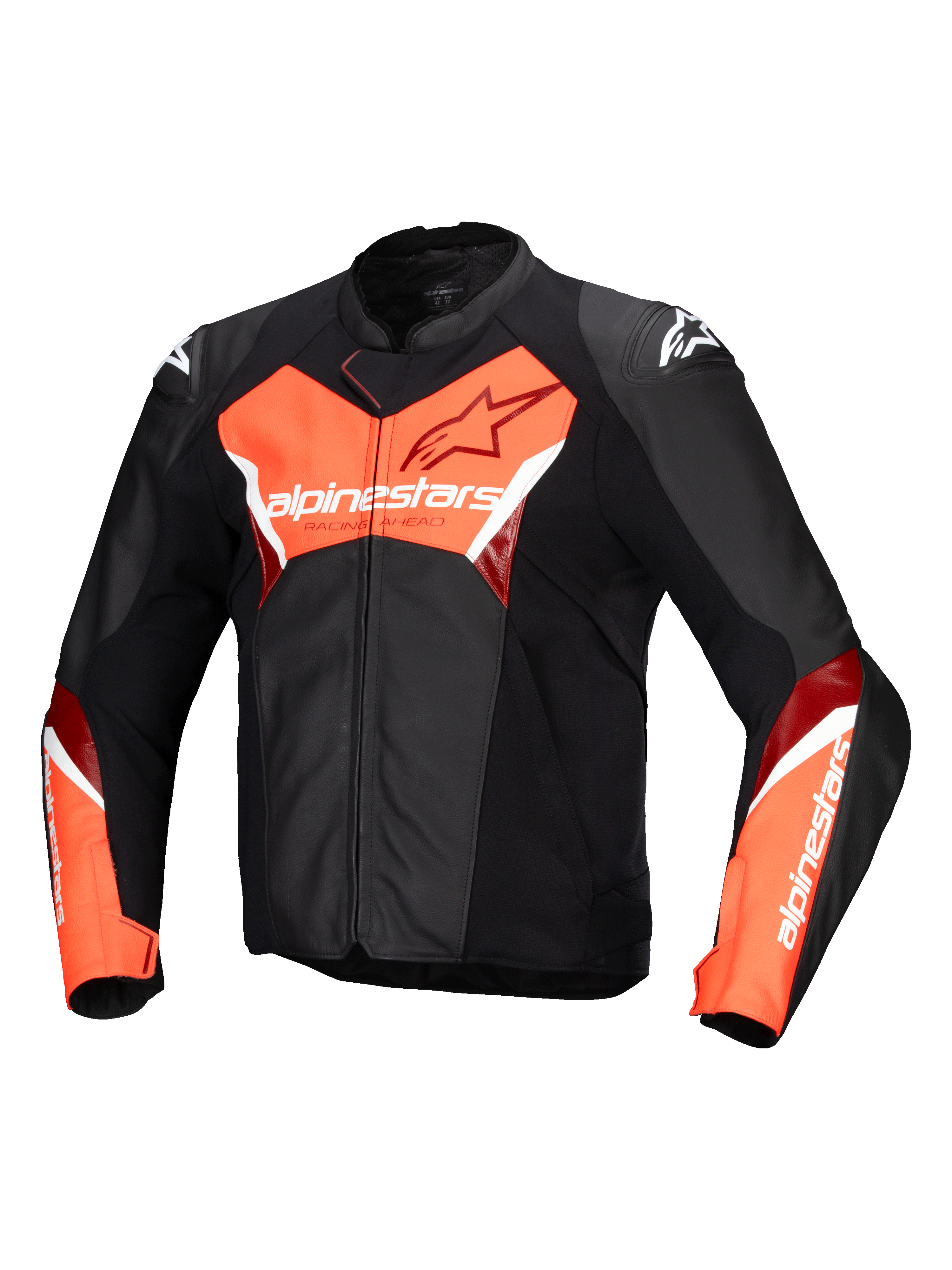 Alpinestars Faster V3 Lederjacke, Herren-Motorradjacke, Schwarz und Rot Fluo, CE-zertifiziert, Premium-Lederkonstruktion