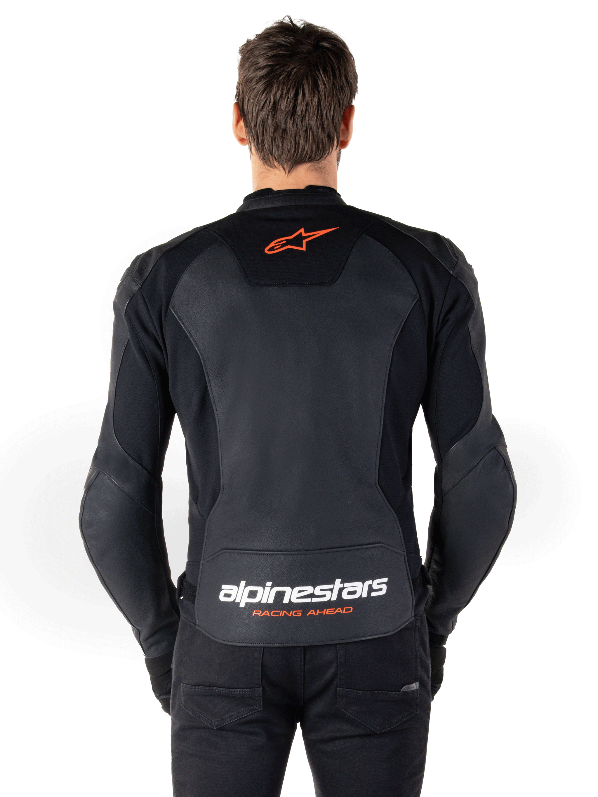 Alpinestars Faster V3 Lederjacke, Sport-Motorradjacke, Schwarz und Rot Fluo, mit hochwertiger Lederkonstruktion, HRSF-Stretch-Einsätzen und einer raffinierten sportlichen Silhouette.