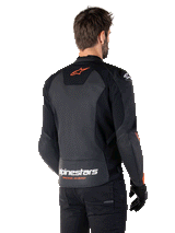 Alpinestars Faster V3 Lederjacke, Sport-Motorradjacke, Schwarz und Fluo-Rot, mit hochwertiger Lederkonstruktion, HRSF-Stretcheinsätzen und DFS GP Lite Schulterprotektoren, elegantes, vom Rennsport abgeleitetes Design mit technischen Details.