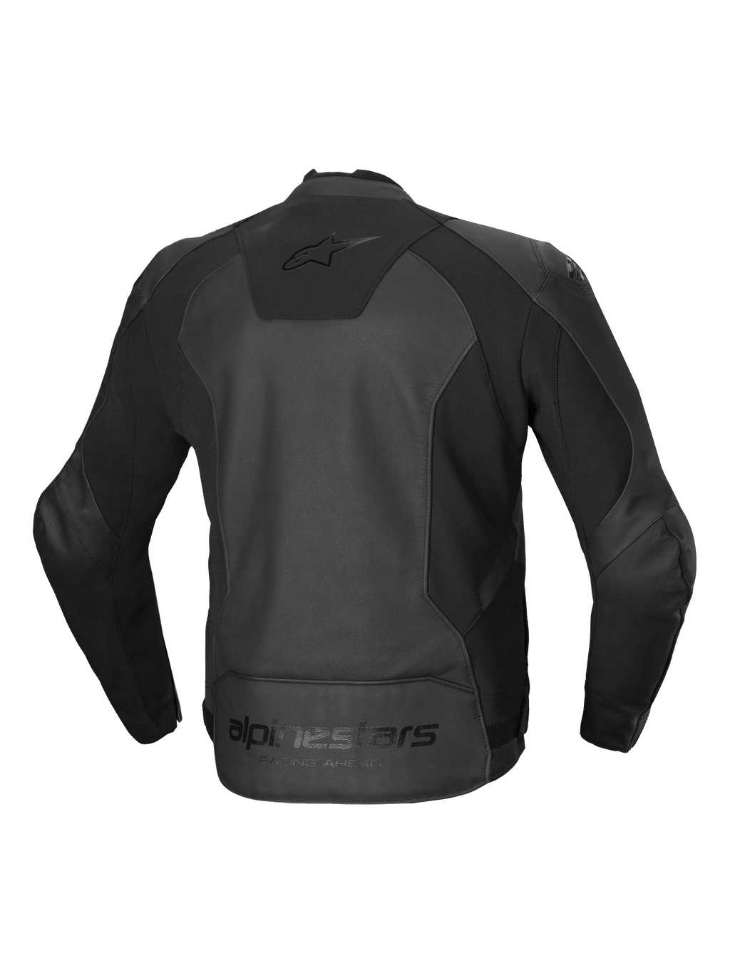 Alpinestars Faster V3 Leather Jacket, men's sport riding jacket, back view in Black, CE certified AA class with advanced HRSF stretch panels and ergonomic design