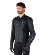 Alpinestars Faster V3 Leather Jacket, Sport Riding Jacket, Black Black, worn by a male model with black pants and gloves, premium leather construction with stretch panels and DFS GP Lite shoulder protectors, sleek and modern sport silhouette