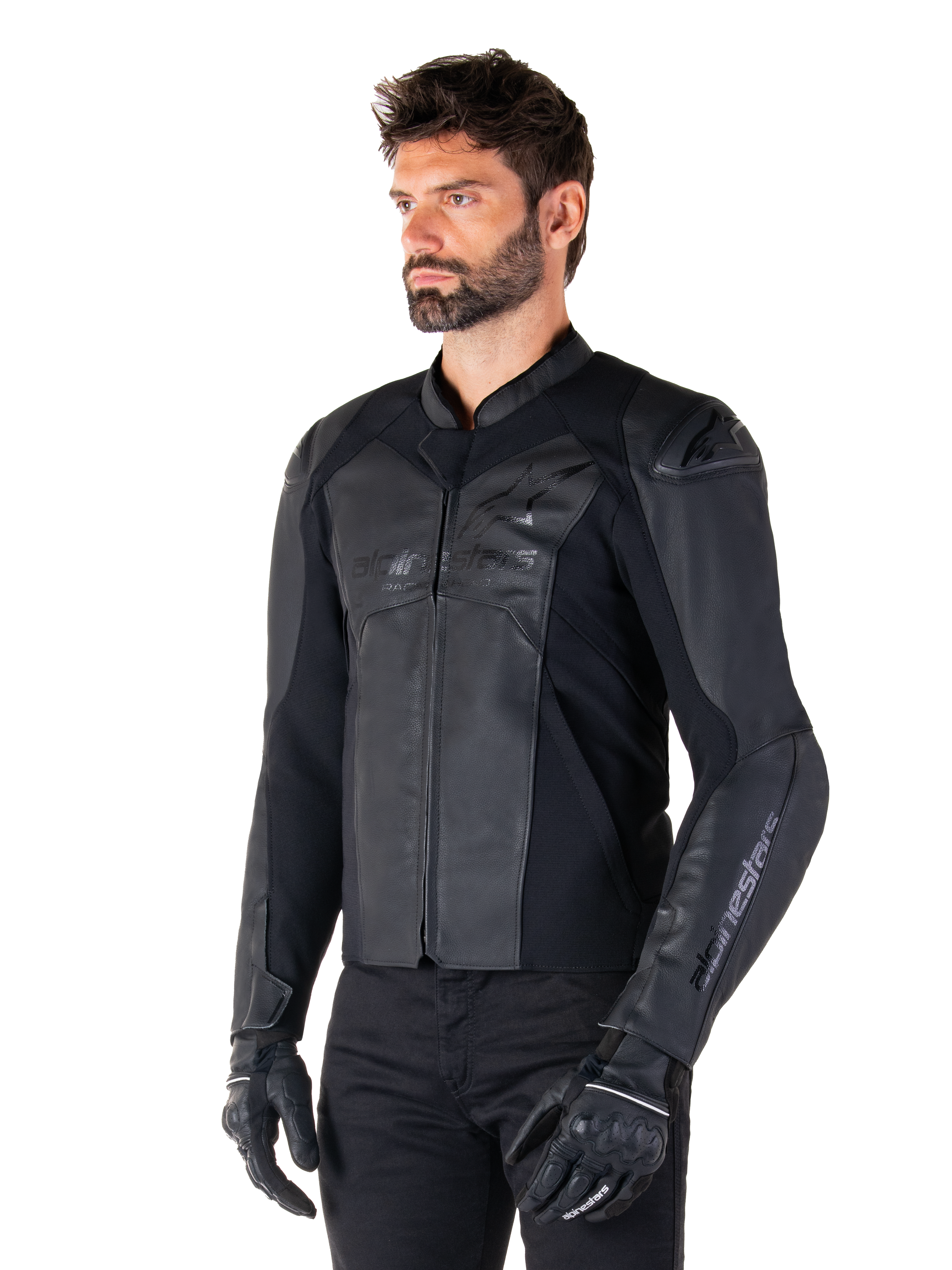 Alpinestars Faster V3 Leather Jacket, Sport Riding Jacket, Black Black, worn by a male model with black pants and gloves, premium leather construction with stretch panels and DFS GP Lite shoulder protectors, sleek and modern sport silhouette