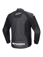 Alpinestars Faster V3 Lederjacke, Herren-Motorradjacke, Rückansicht, Schwarz und Weiß, aus strapazierfähigem Leder mit elastischen Stretcheinsätzen und Markenlogo auf dem Rücken.