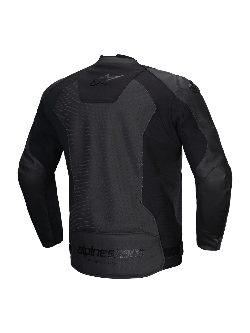 Alpinestars Faster V3 Airflow Lederjacke, Herren-Motorradjacke, Schwarz, perforiertes Leder mit Stretcheinsätzen, Rückansicht mit Stretch-Einsätzen und Branding