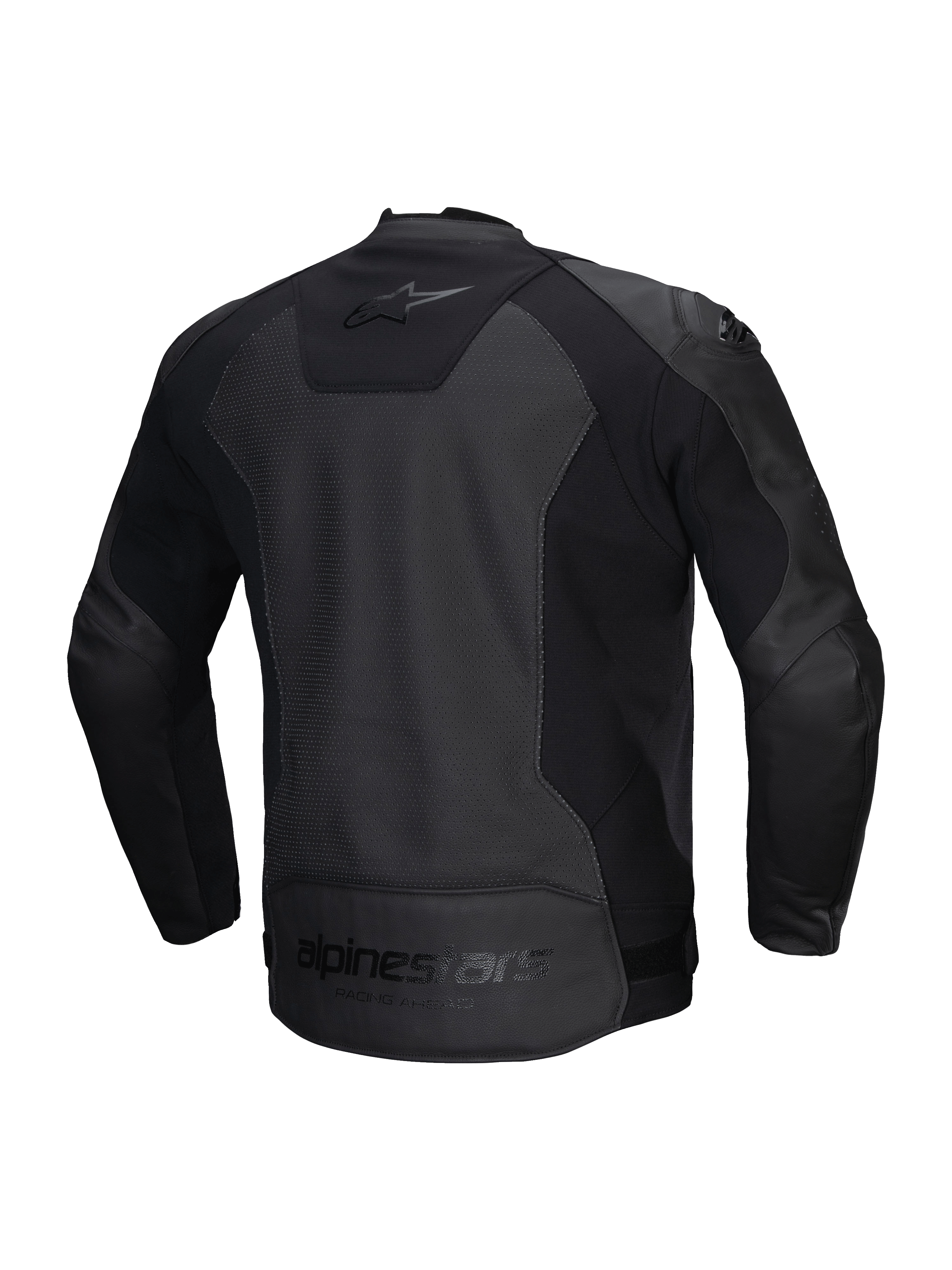 Alpinestars Faster V3 Airflow Lederjacke, Herren-Motorradjacke, Schwarz, perforiertes Leder mit Stretcheinsätzen, Rückansicht mit Stretch-Einsätzen und Branding
