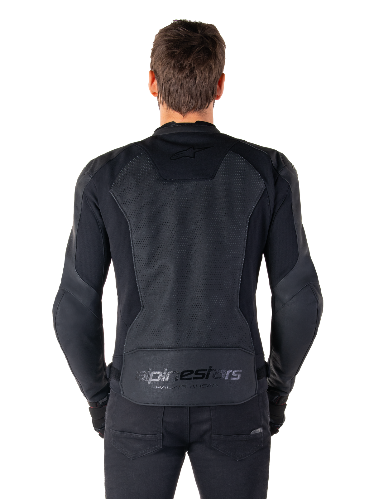 Alpinestars Faster V3 Airflow Leather Jacket, Back view on model, Black Black, featuring perforated leather back panel for airflow, subtle branding, and ergonomic sport fit design
