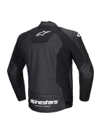 Alpinestars Faster V3 Airflow Leather Jacket, men's sport motorcycle leather jacket, back view, black and white, featuring CE certification, HRSF stretch panels, and perforated leather construction