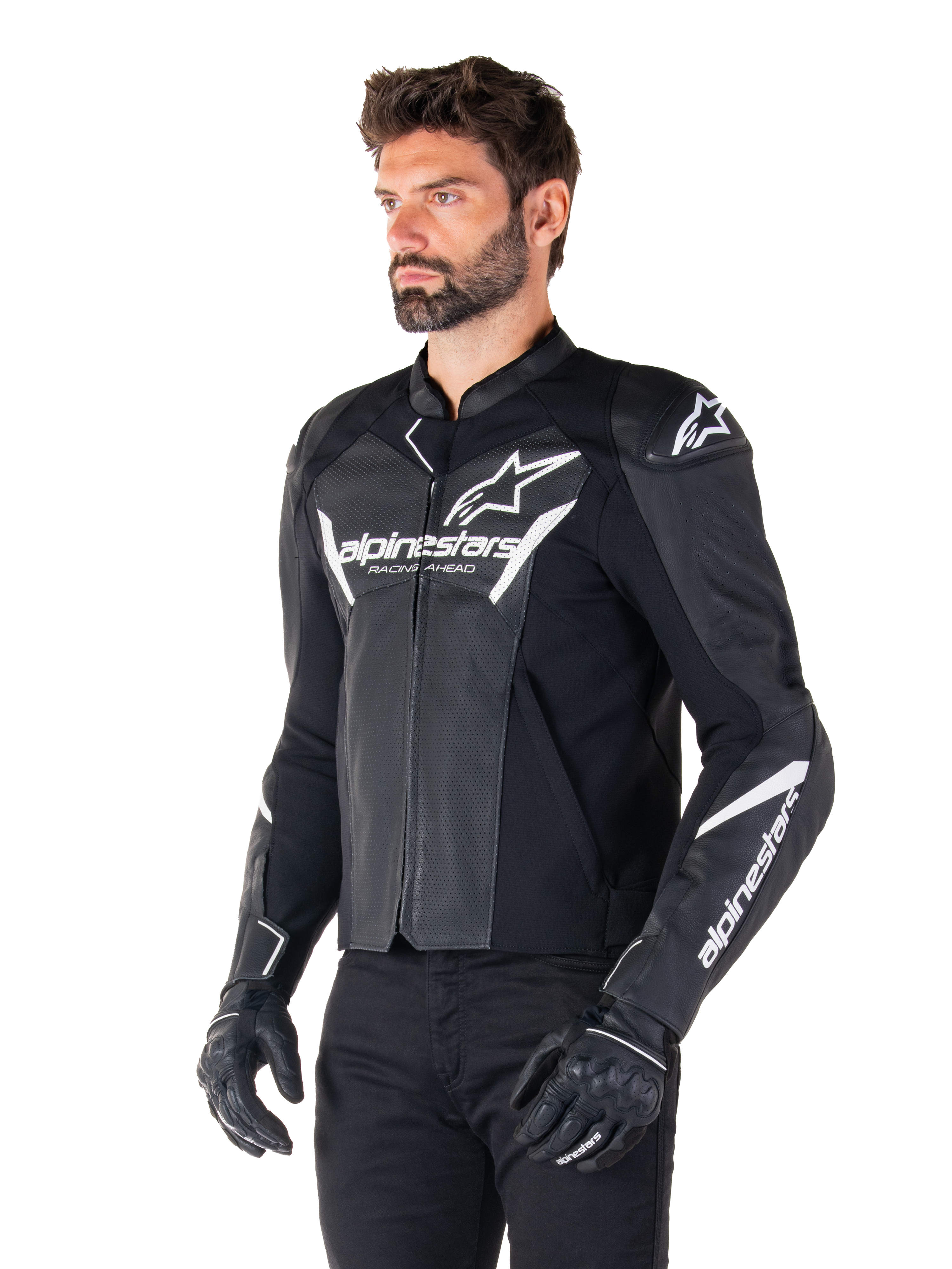 Alpinestars Faster V3 Airflow Leather Jacket, Black and White, sport motorcycle jacket with perforated leather panels, white Alpinestars branding on chest and arms, worn by a model with black gloves and pants, sleek and protective riding gear