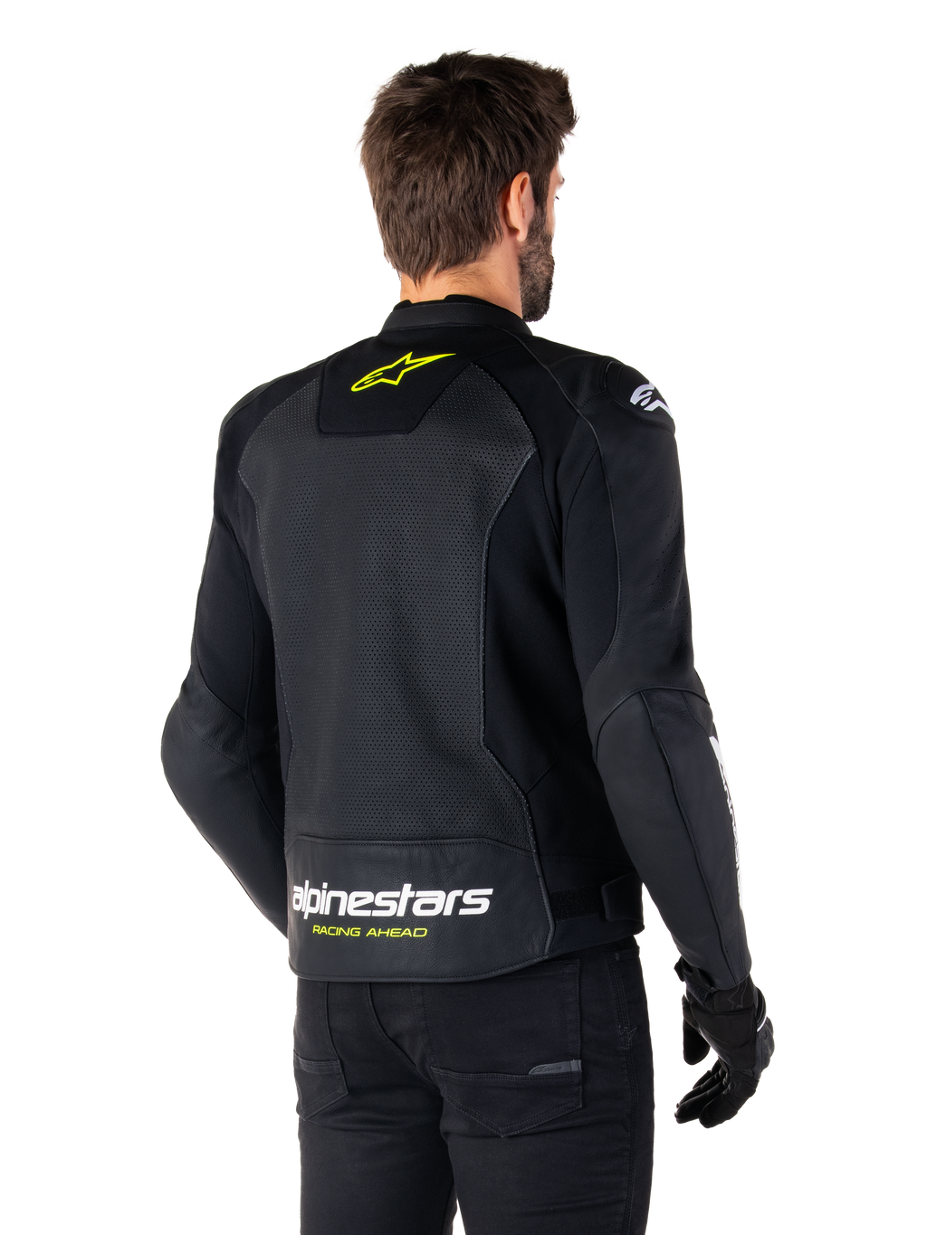 Alpinestars Faster V3 Airflow Lederjacke, Schwarz, Weiß und Gelb Fluo, Rückansicht, mit einem großen perforierten Leder-Rückenpanel zur Belüftung, gelbem Stern-Logo am Kragen und weißem Alpinestars-Schriftzug mit gelbem „Racing Ahead“-Text am unteren Saum, sportliche Motorradbekleidung