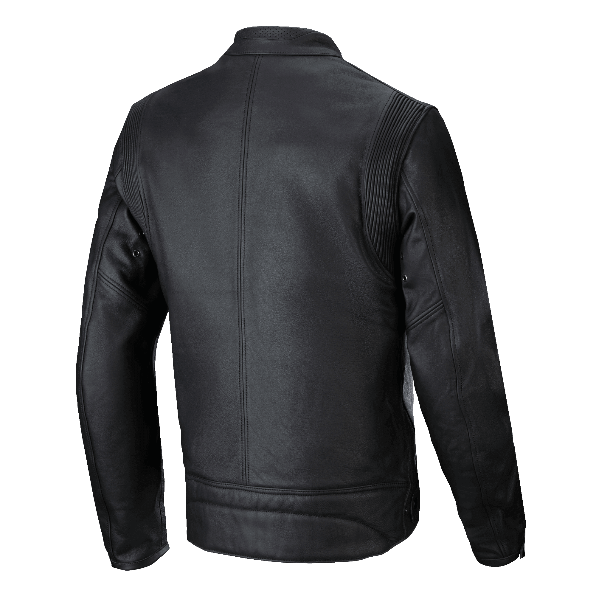 Alpinestars Dyno Lederjacke, Schwarz, Rückansicht, vom Heritage-Stil inspirierte Motorradjacke aus hochwertigem Rindsleder, mit Akkordeon-Stretch-Einsätzen an den Schultern und einer klaren vertikalen Mittelnaht.