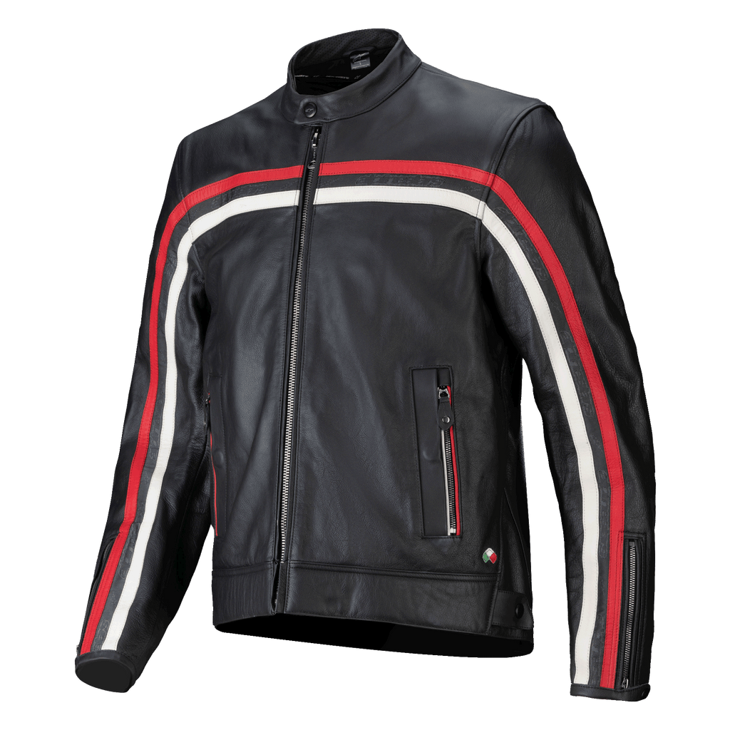 Alpinestars Dyno Lederjacke, Schwarz mit rubinroten und ecrufarbenen Rennstreifen, Premium-Motorradjacke aus Leder, Frontreißverschluss, Stehkragen, Reißverschlusstaschen, Italienisches Flaggen-Emblem, sportliches Heritage-Design